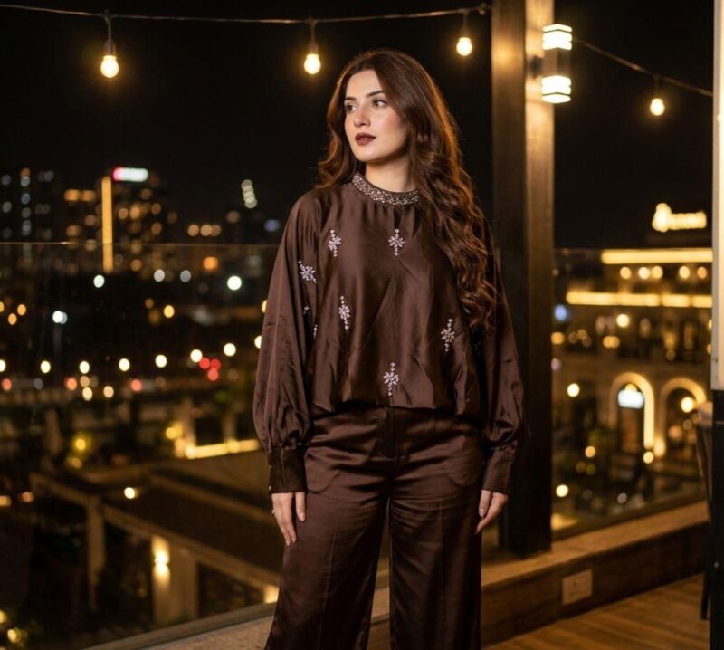Black Satin Beaded Top